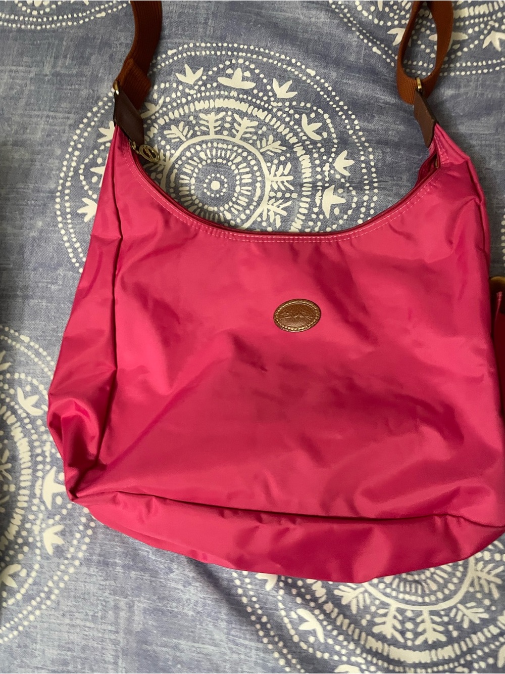 Longchamp Hot Pink Nylon Shoulder Bag with Brown Trim